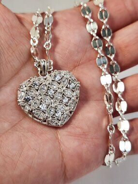 NIB VTG 925 CZ Heart Pendant & Mirror Necklace Italy 925 20”